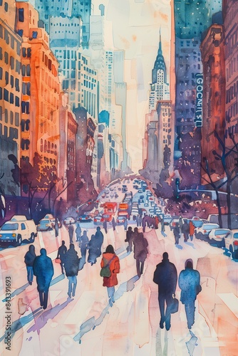 Watercolor illustration of a busy city street 