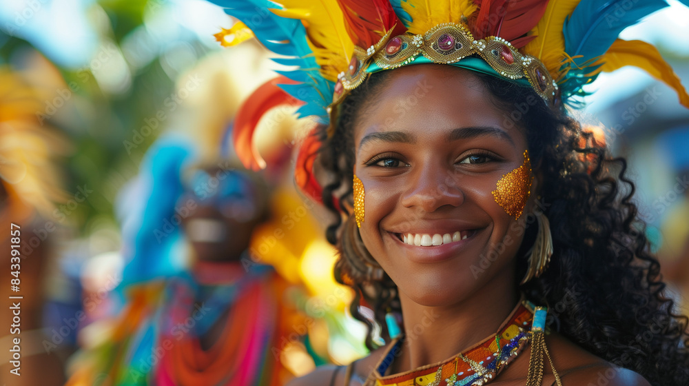 Woman Enjoying a Traditional Carnival Festival with Colorful Parade Floats, wearing colorful dress