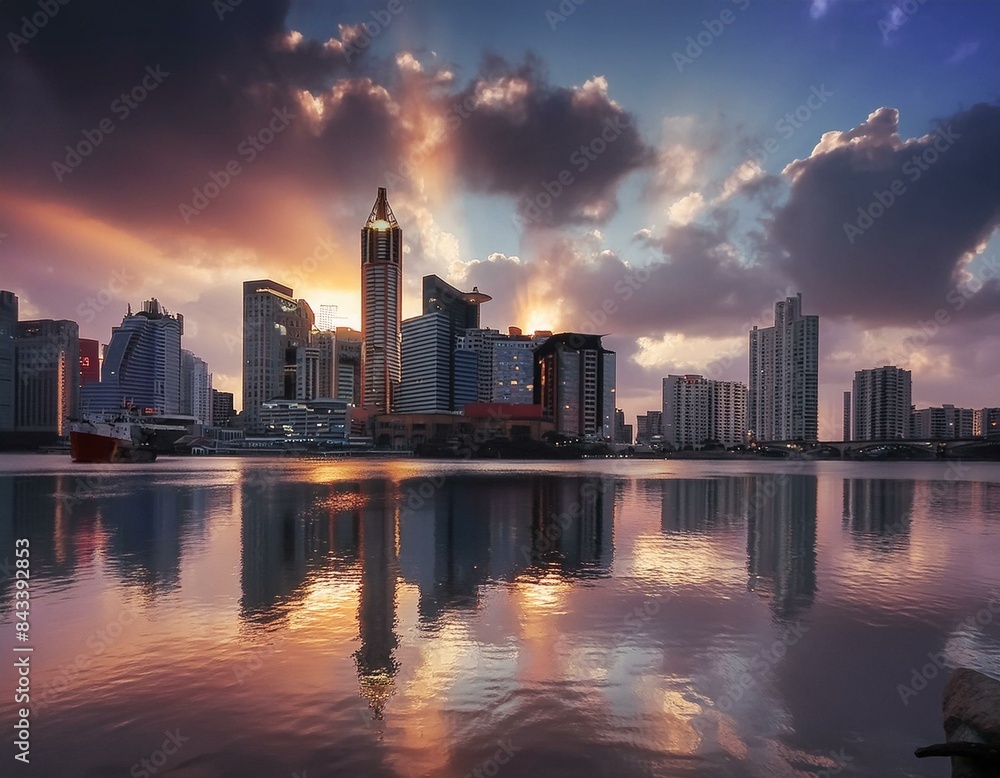 Obraz premium city, night, skyline, cityscape, traffic, downtown, building, urban, light, highway, road, street, sunset, business, architecture, dusk, sky, view, car, skyscraper, china, lights, evening, seattle, sk