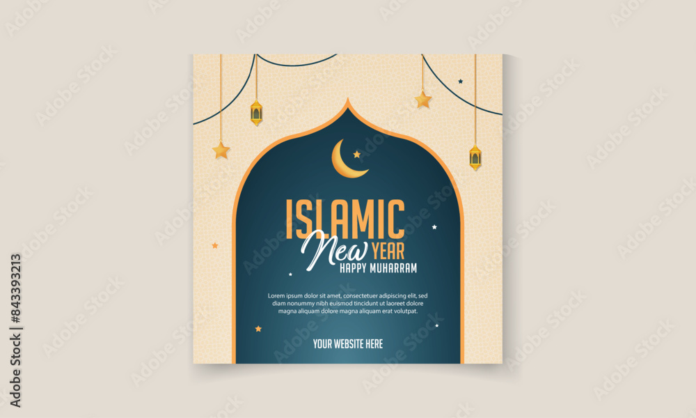 Happy Islamic New Year Post banner template with Islamic lantern and star for social media post Happy Islamic New Year Post banner template with Islamic lantern and star for social media post