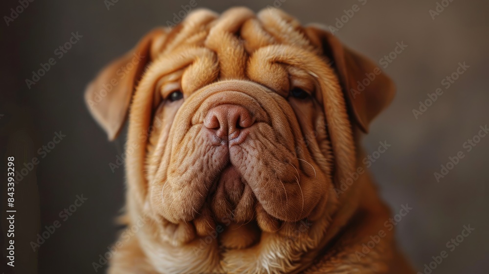 A close-up portrait of a brown, wrinkled dog with a serious expression, looking directly at the camera. A close-up portrait of a brown, wrinkled dog with a serious expression, looking directly at the camera.