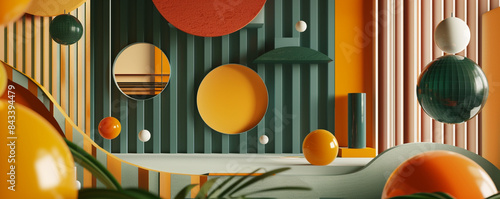 Dynamic colors and forms, retro Scandinavian contemporary touch.