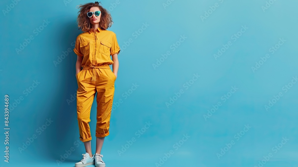 ** Stylish Woman in Yellow Jumpsuit and Sunglasses Posing Against Blue Background ** Stylish Woman in Yellow Jumpsuit and Sunglasses Posing Against Blue Background