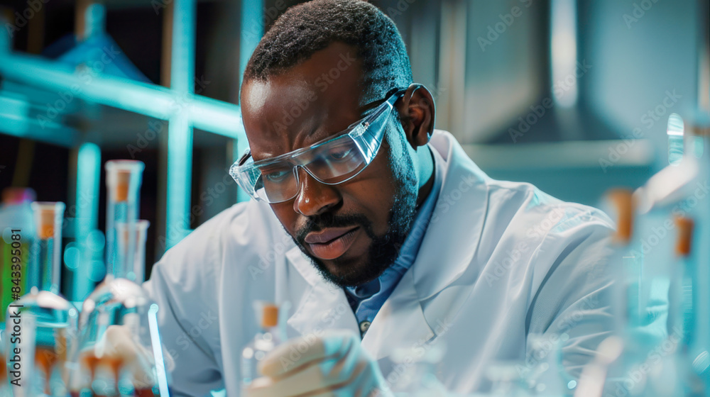 Medical Research Laboratory: Portrait of a afro-american male Scientist in Goggles Using Micro Pipette for Test Analysis. Advanced Scientific Lab for Medicine, Biotechnology, Microbiology Development Medical Research Laboratory: Portrait of a afro-american male Scientist in Goggles Using Micro Pipette for Test Analysis. Advanced Scientific Lab for Medicine, Biotechnology, Microbiology Development