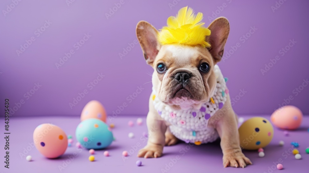 Adorable French Bulldog dressed as a chick with decorative Easter eggs on a purple backdrop Adorable French Bulldog dressed as a chick with decorative Easter eggs on a purple backdrop