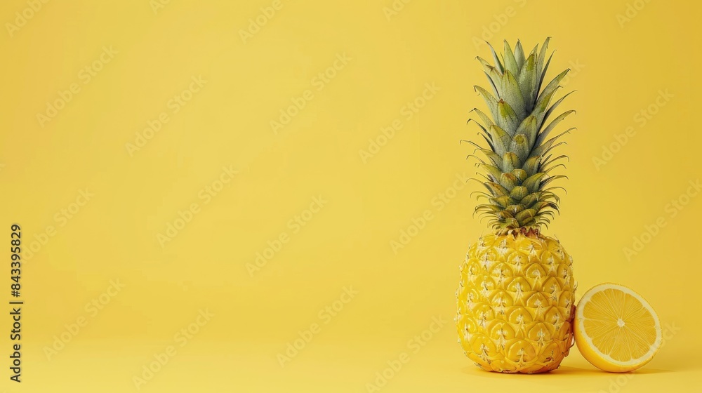 Fresh pineapple on yellow background with space for text summer fruit design inspiration close up view Fresh pineapple on yellow background with space for text summer fruit design inspiration close up view