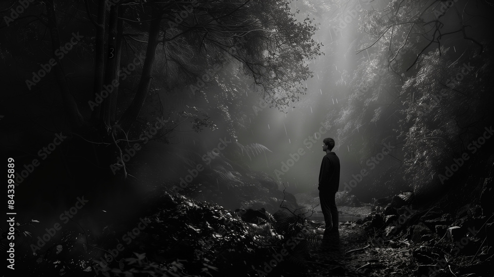 Obraz premium A black-and-white photo captures a person standing in the middle of a dense, suffocating forest under somber lighting, evoking feelings of sadness and depression.