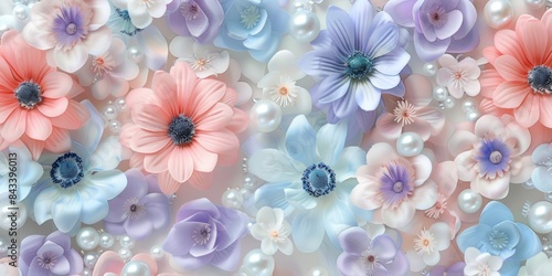 pink and blue pastel floral pattern with large flowers and pearls