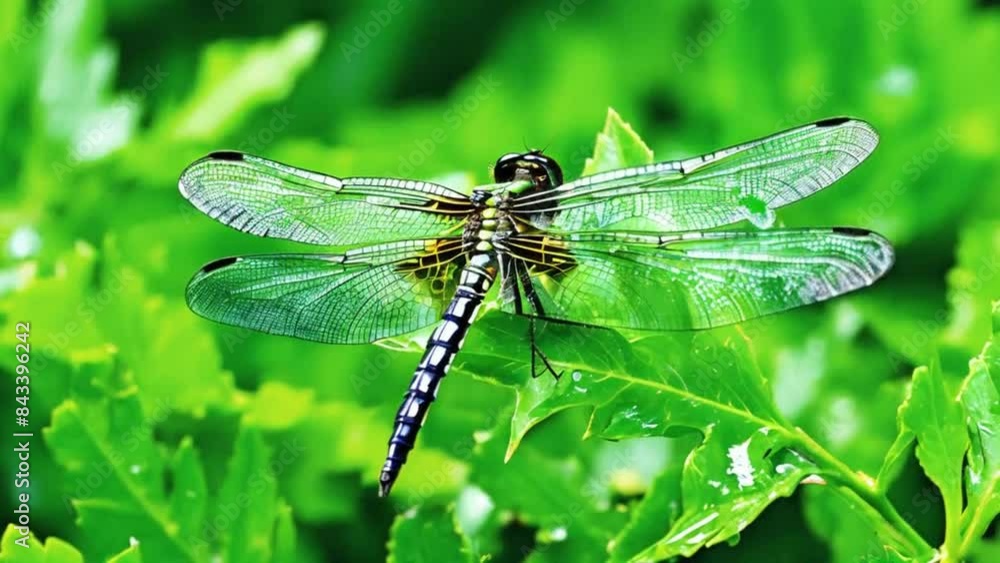 a dragonfly on green leaves wet after rain a dragonfly on green leaves wet after rain