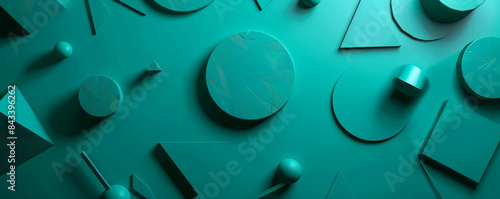Geometric blend of triangles, circles, and squares on a teal surface