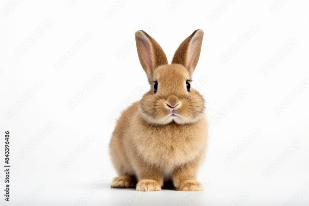 Adorable brown rabbit sitting against a white background, showcasing its cute and fluffy appearance, perfect for a pet or animal stock photo. Adorable brown rabbit sitting against a white background, showcasing its cute and fluffy appearance, perfect for a pet or animal stock photo.