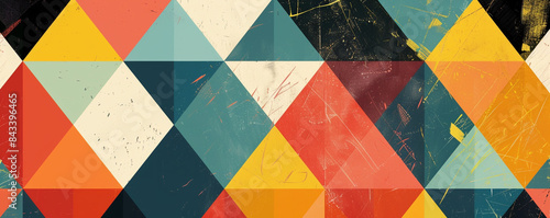 Geometric shapes and vibrant colors, retro Scandinavian feel.