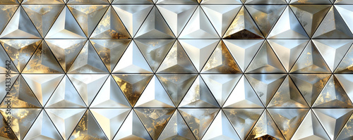 Grid of tessellating triangles in metallic shades of silver and gold, creating a shimmering illusion of depth.