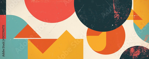 Geometric shapes and vibrant colors, retro Scandinavian feel.