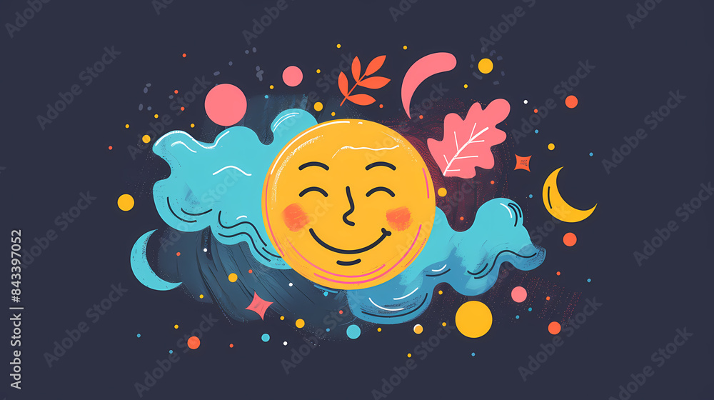 Whimsical illustration of a smiling sun surrounded by colorful shapes, clouds, leaves, and celestial elements on a dark background. Whimsical illustration of a smiling sun surrounded by colorful shapes, clouds, leaves, and celestial elements on a dark background.