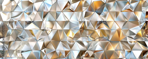 Grid of tessellating triangles in metallic shades of silver and gold, creating a shimmering illusion of depth.