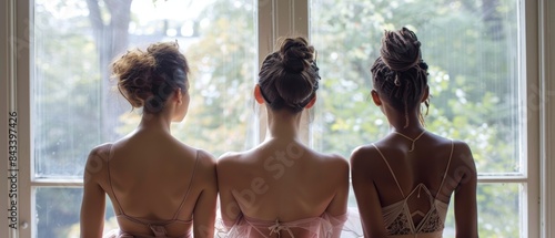 Three Ballerinas Standing in Front of a Window  photo