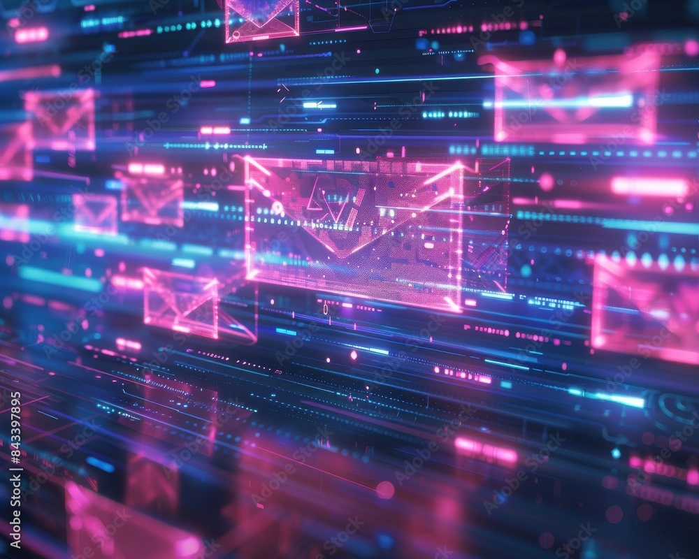 Digital visualization of email communication with neon glowing envelopes on a futuristic tech background, representing data transfer and messaging. Digital visualization of email communication with neon glowing envelopes on a futuristic tech background, representing data transfer and messaging.