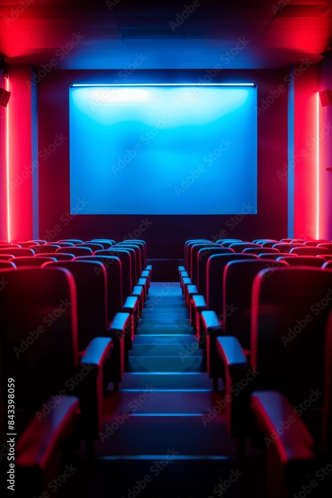 Empty Seats In A Dark Movie Theater With Blue And Red Neon Lights Empty Seats In A Dark Movie Theater With Blue And Red Neon Lights