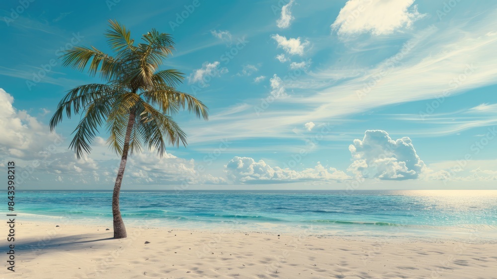 Beautiful palm tree on tropical island beach on background blue sky with white clouds and turquoise ocean on sunny day. Perfect natural landscape for summer vacation, ultra wide format. Beautiful palm tree on tropical island beach on background blue sky with white clouds and turquoise ocean on sunny day. Perfect natural landscape for summer vacation, ultra wide format.