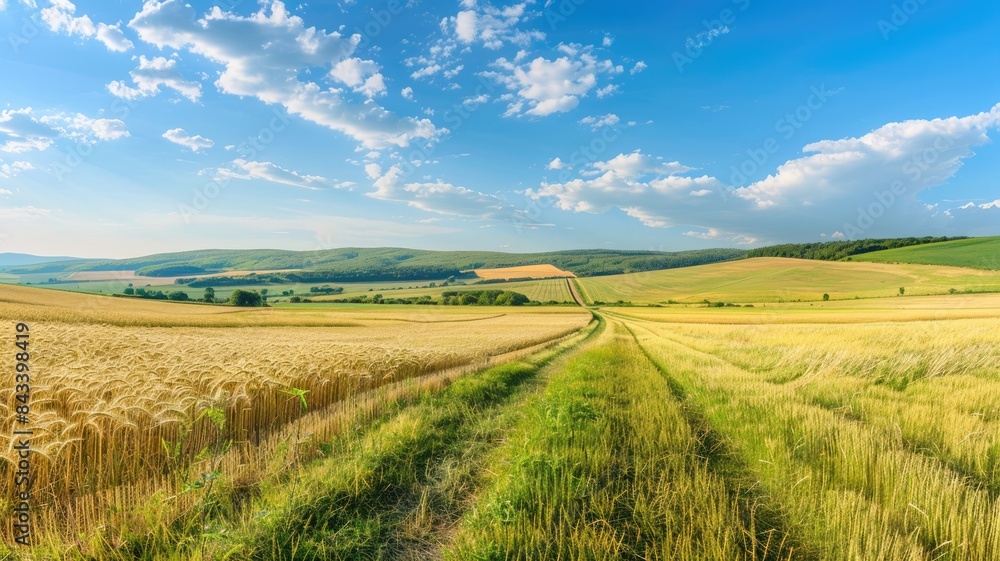 Obraz premium Beautiful summer rural natural landscape with fields young wheat, blue sky with clouds. Warm fresh morning and road stretching into distance.