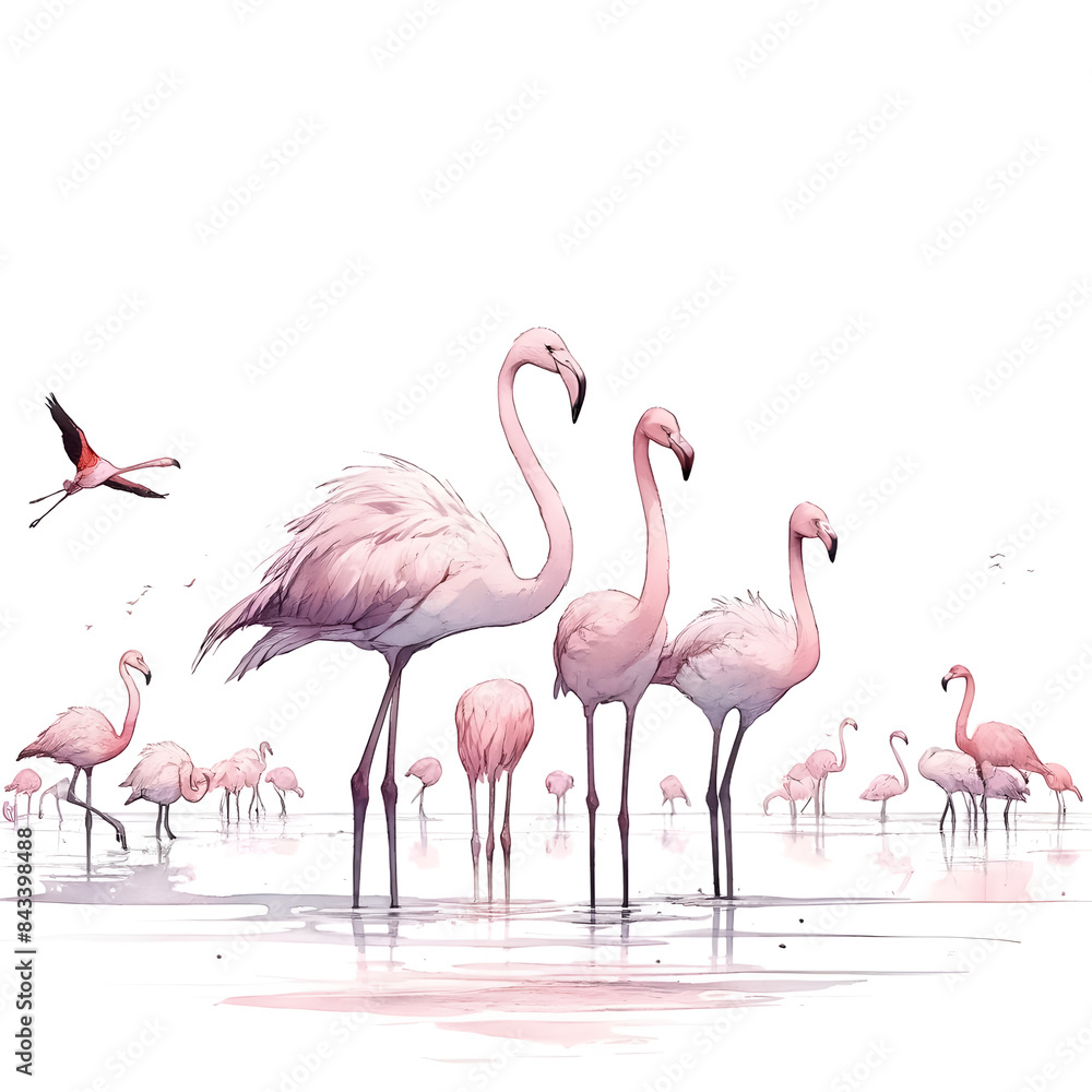 Fototapeta premium A beautiful watercolor illustration of flamingos standing and wading in shallow water, set against a minimalist white background.