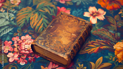 Antique Book on Floral Fabric, book, and flowers, AI generate the image 