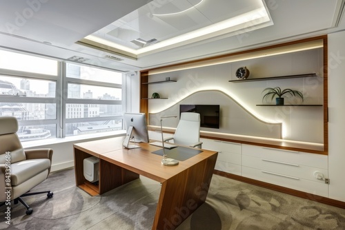 A contemporary office with stylish lighting, a large desk, and artistic wall decor