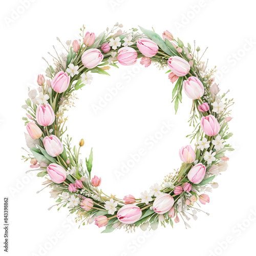 Watercolor Pink Tulips, Tulip flower wreath laurel. Decoration for weddings, wedding design, wedding invitation .AI generated art.	
