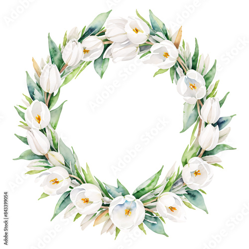 Watercolor White Tulips, Tulip flower wreath laurel. Decoration for weddings, wedding design, wedding invitation.AI generated art.	
