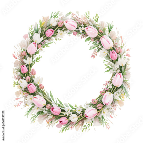 Watercolor Pink Tulips, Tulip flower wreath laurel. Decoration for weddings, wedding design, wedding invitation.AI generated art.	

