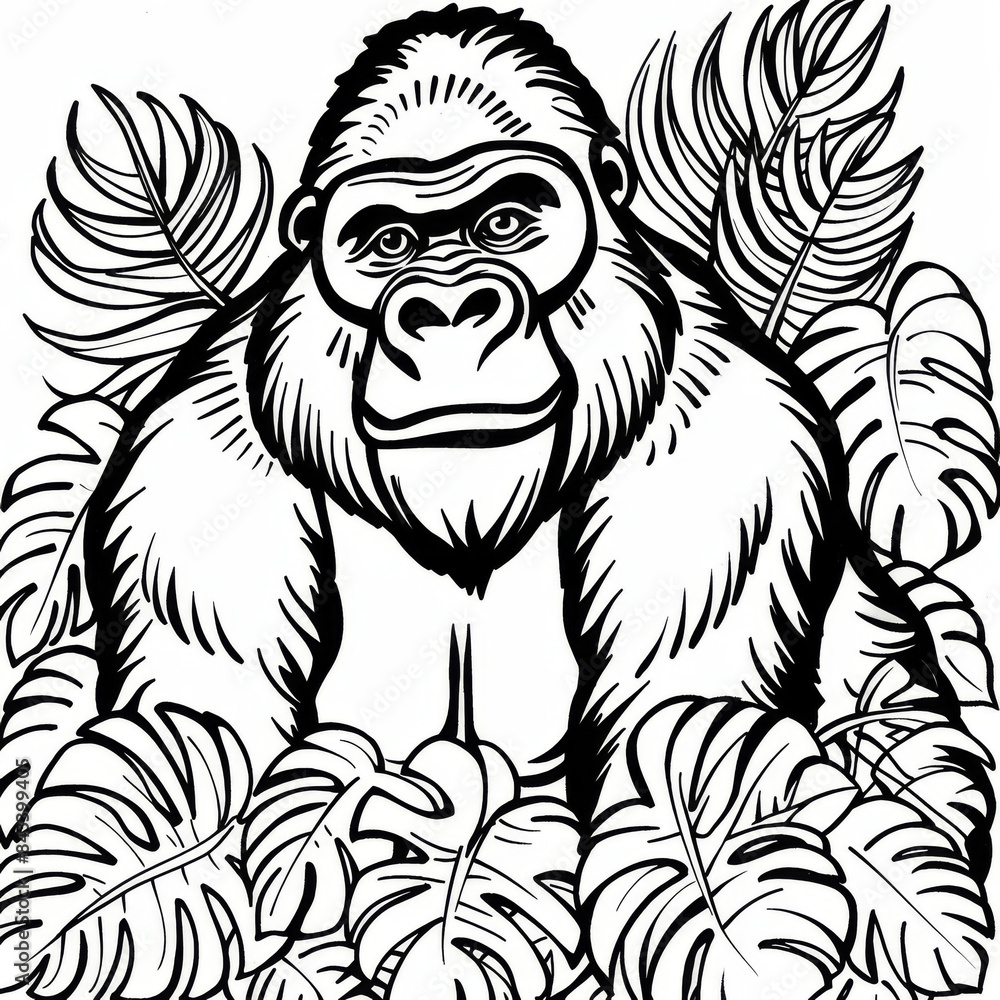 Fototapeta premium Gorilla illustration surrounded by jungle foliage, suitable for kids' coloring books and educational purposes. Detailed black and white drawing.