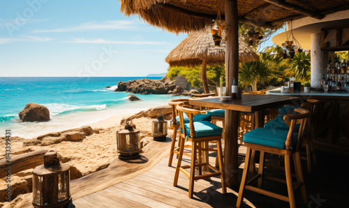 Idyllic beach bar with stools and umbrellas on sandy shore offering a tranquil place for relaxation and socializing with a view of the ocean horizon © Bartek