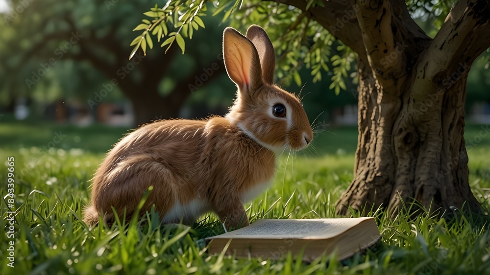 A majestic bunny with soft, white fur sits under a towering oak tree, engrossed in a book with its delicate paws. The sunlight filters through the leaves, casting a warm glow on the bunny's peaceful e A majestic bunny with soft, white fur sits under a towering oak tree, engrossed in a book with its delicate paws. The sunlight filters through the leaves, casting a warm glow on the bunny's peaceful e