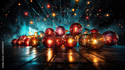 explotion of colorfull balls, with glitter, particles, in a background black solid, isolated, bingo