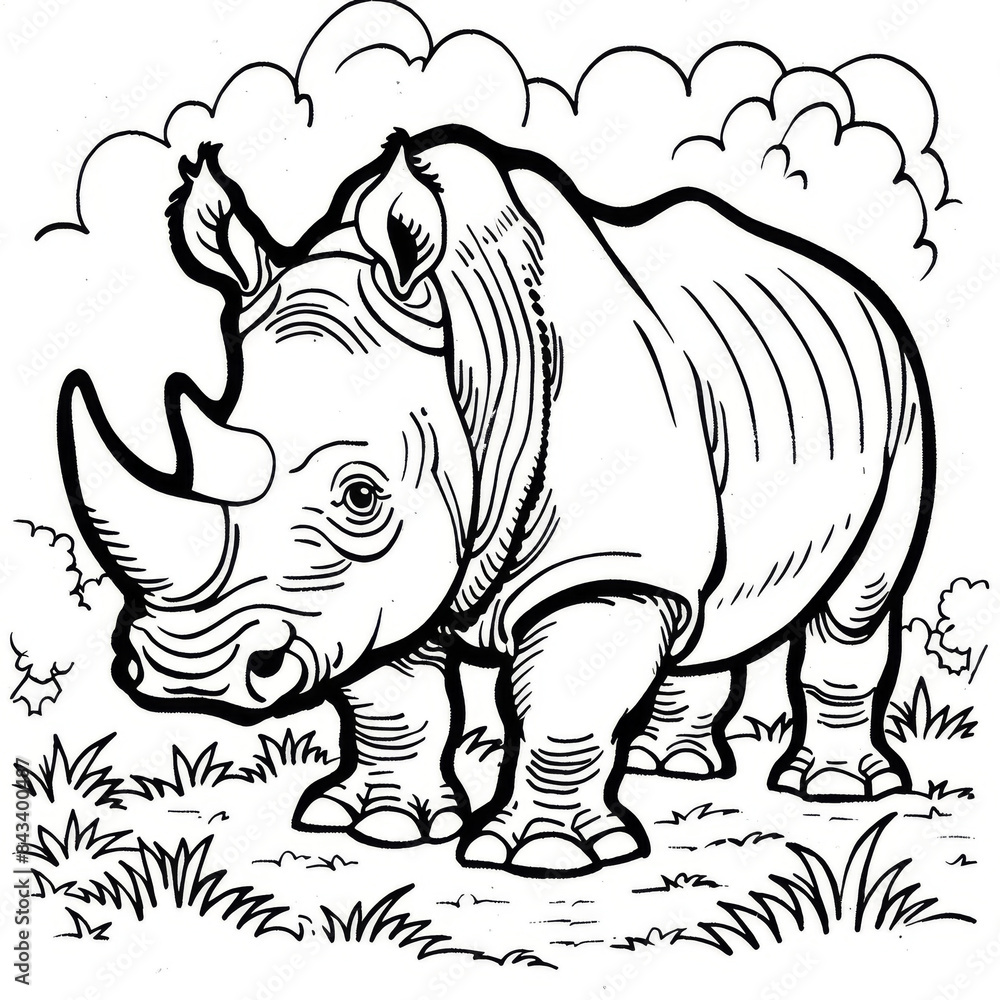 Fototapeta premium Black and white illustration of a rhinoceros in a natural setting, ideal for educational coloring books and wildlife art.