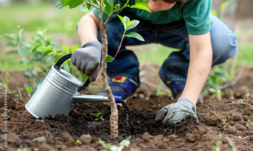 Naklejka premium A boy is planting a small tree