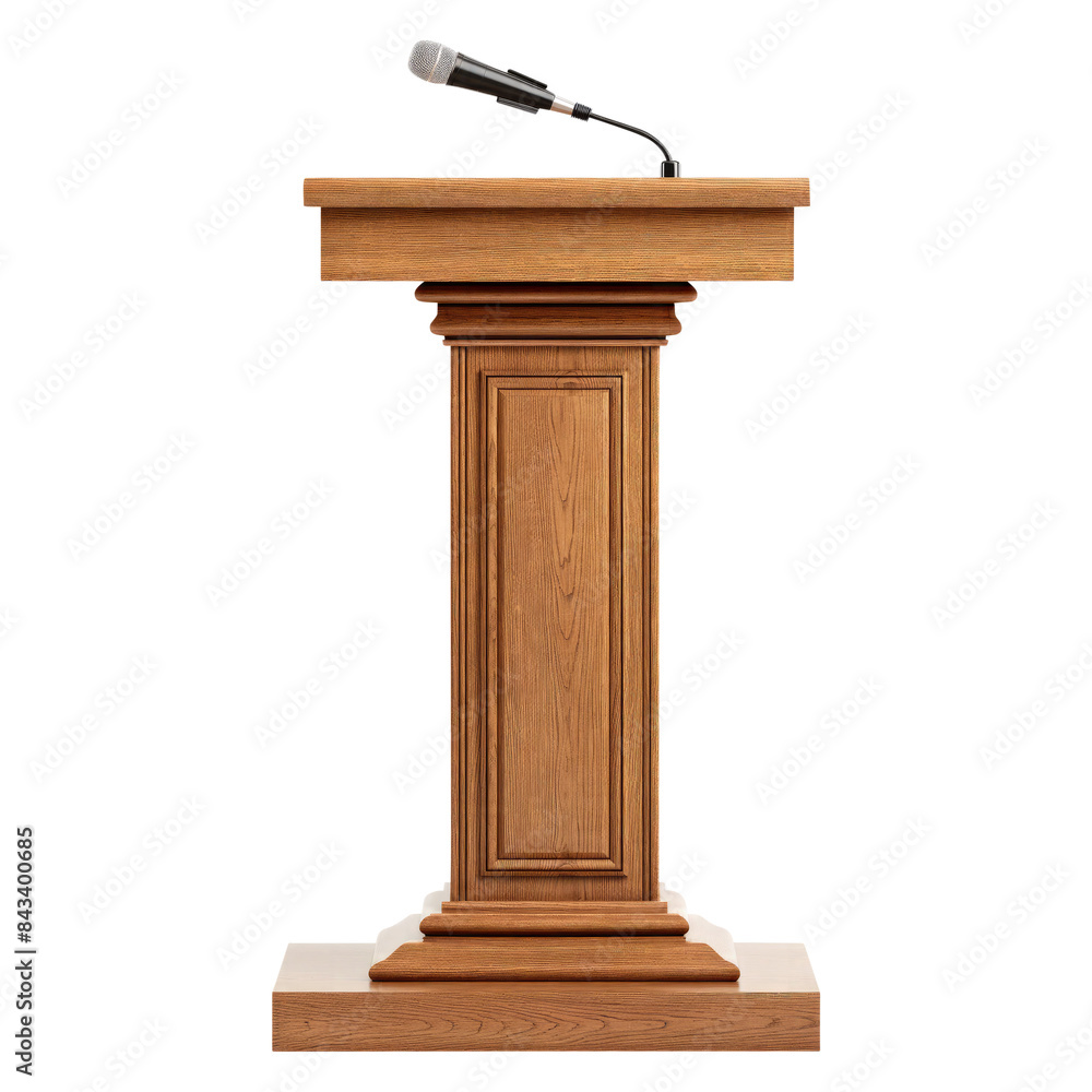 wooden podium with microphone isolated on transparent white background, clipping path wooden podium with microphone isolated on transparent white background, clipping path