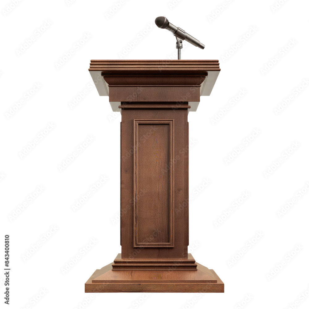wooden podium with microphone isolated on transparent white background, clipping path wooden podium with microphone isolated on transparent white background, clipping path
