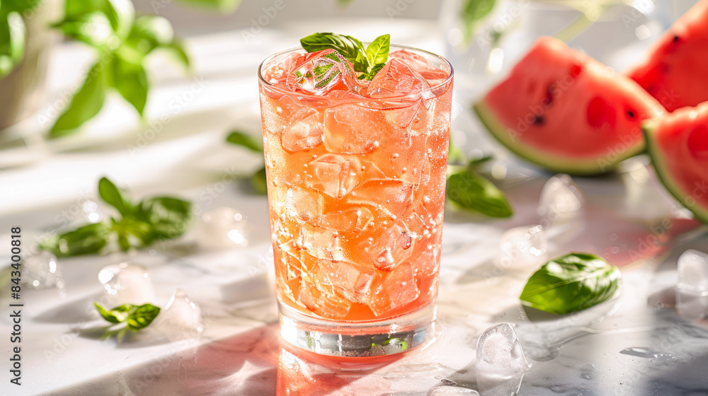 Fresh summer cocktail watermelon juice with ice in a glass surrounded by watermelon slices on light background with hard shadows. watermelon lemonade with mint leaves. Menu, recipe Fresh summer cocktail watermelon juice with ice in a glass surrounded by watermelon slices on light background with hard shadows. watermelon lemonade with mint leaves. Menu, recipe