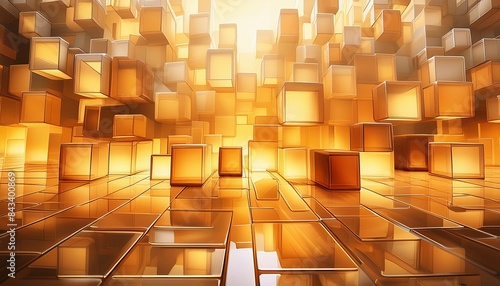 Abstract pattern featuring golden 3D geometric cubes with varying sizes and shades, creating a dynamic and modern design.