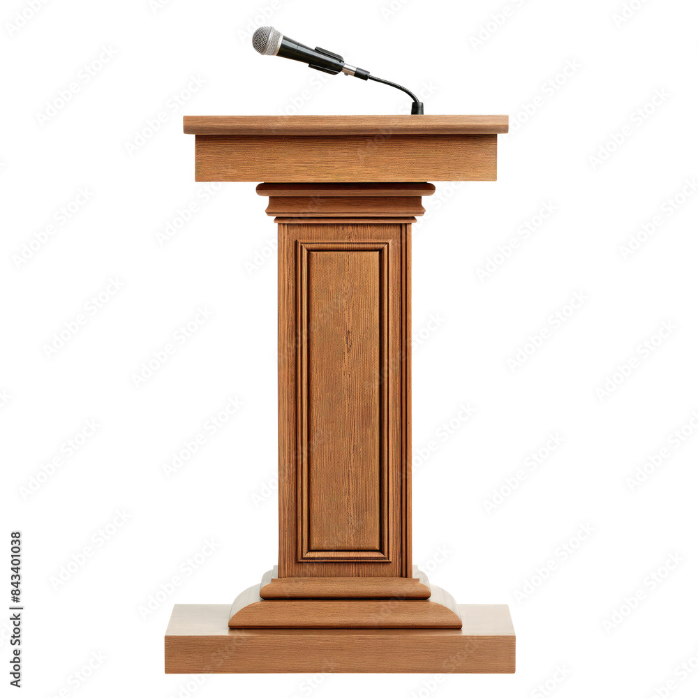 wooden podium with microphone isolated on transparent white background, clipping path wooden podium with microphone isolated on transparent white background, clipping path