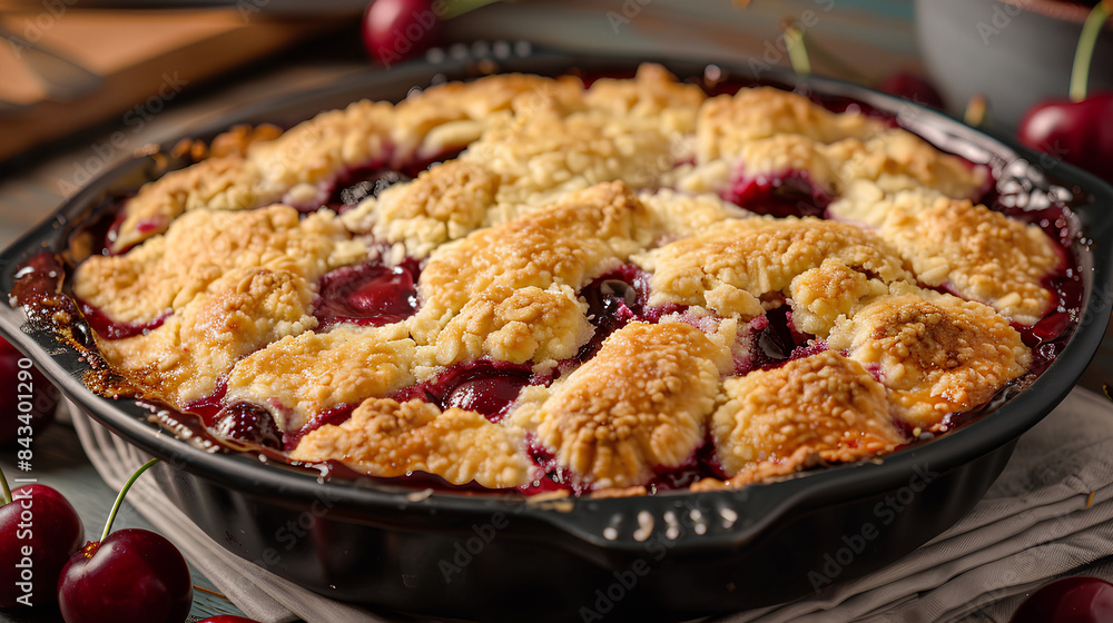 Cherry cobbler - A classic cherry cobbler in an iron cast dish, with golden brown crust and dark red cherries visible through the layers of crusted topping. 



