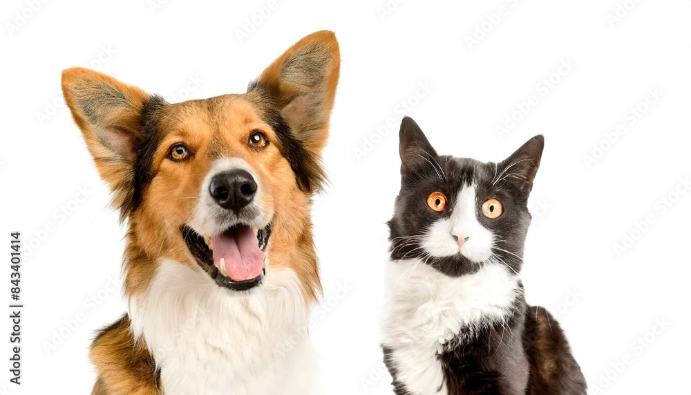 Hund mit Katze isoliert auf weißen Hintergrund, Freisteller Hund mit Katze isoliert auf weißen Hintergrund, Freisteller