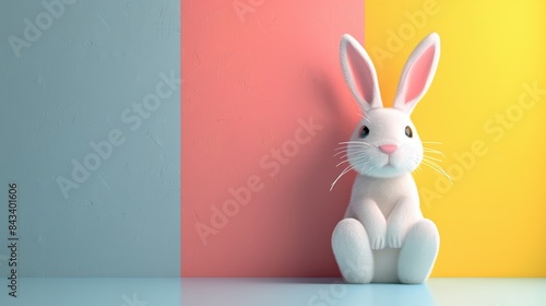 Adorable white bunny with large ears sitting against a pastel tricolor background of blue, pink, and yellow. Cute and vibrant animal portrait. photo