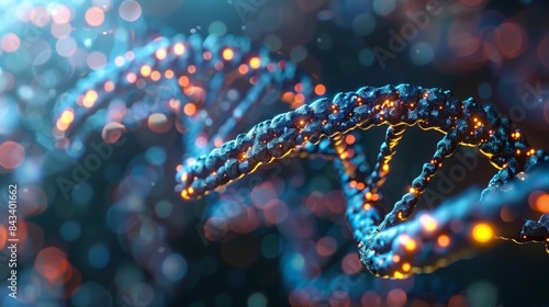 Close-up of a colorful DNA double helix with a bokeh background representing genetic research and biotechnology advancements.