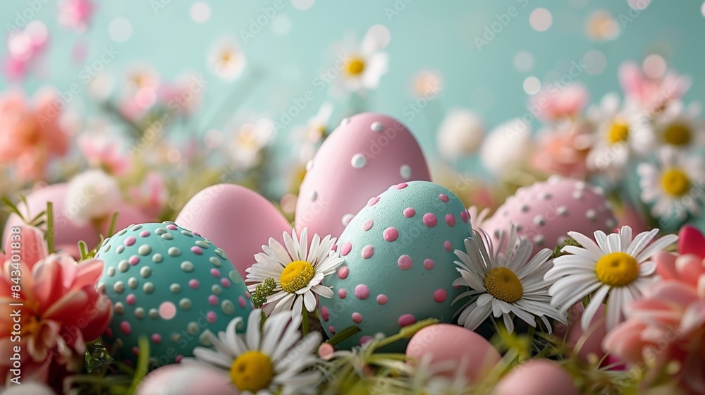 Colorful Easter eggs nestled among spring flowers. Perfect for celebrating Easter, springtime, and festive home decor. Colorful Easter eggs nestled among spring flowers. Perfect for celebrating Easter, springtime, and festive home decor.