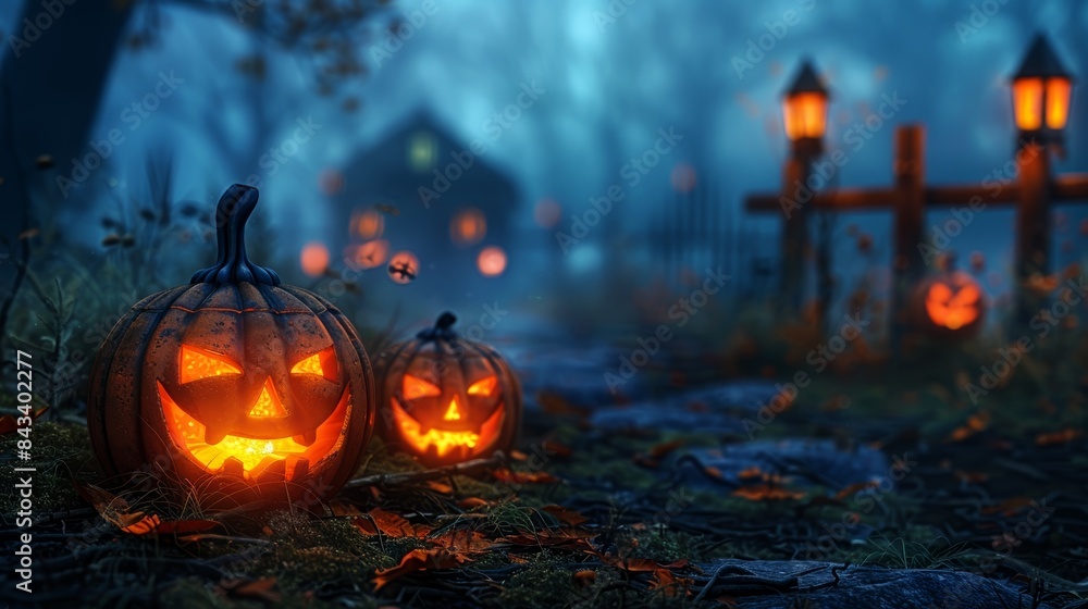 Spooky Halloween scene with glowing jack-o'-lanterns, eerie lanterns, and a foggy forest path leading to a haunted house. Perfect for Halloween theme. Spooky Halloween scene with glowing jack-o'-lanterns, eerie lanterns, and a foggy forest path leading to a haunted house. Perfect for Halloween theme.