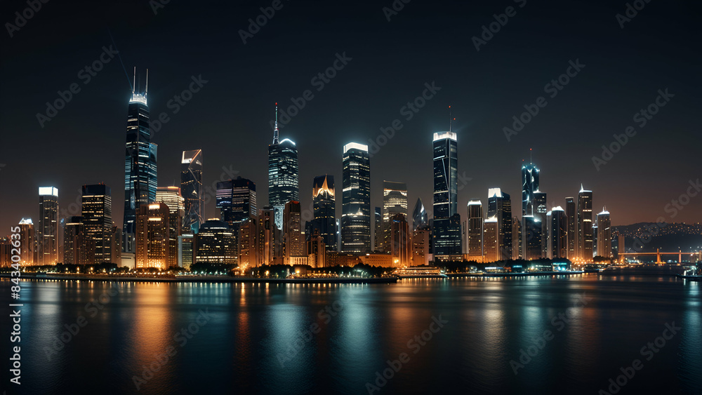 Fototapeta premium Panoramic night view, modern city skyline ablaze with lights, a spectacle of urban elegance and energy.