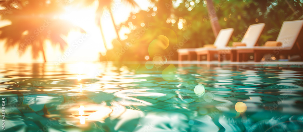 Swimming pool and sun loungers at tropical summer hotel 